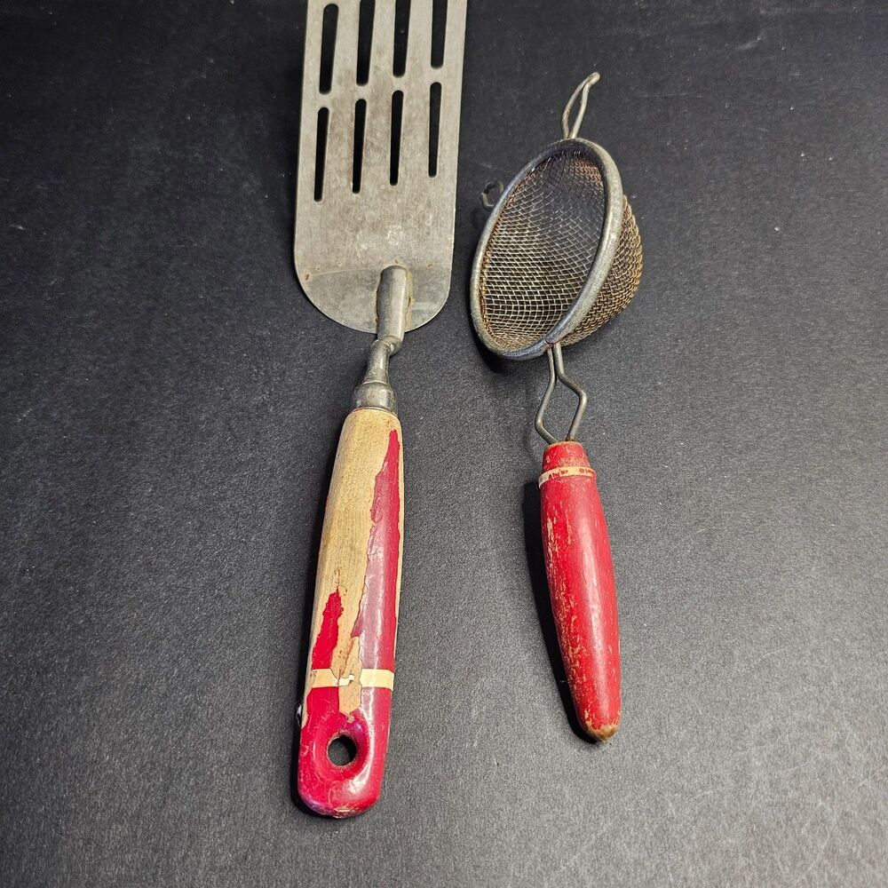 Vtg Wooden Red Handled Strainer 8" and Spatula 13" Retro Kitchen